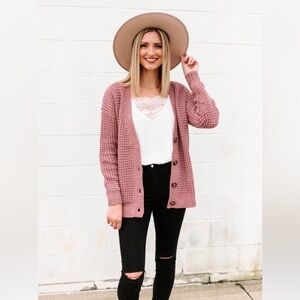 Zenana Outfitters Cardigan Cotton Boutique Waffle Knit Button-Down Rose Large
